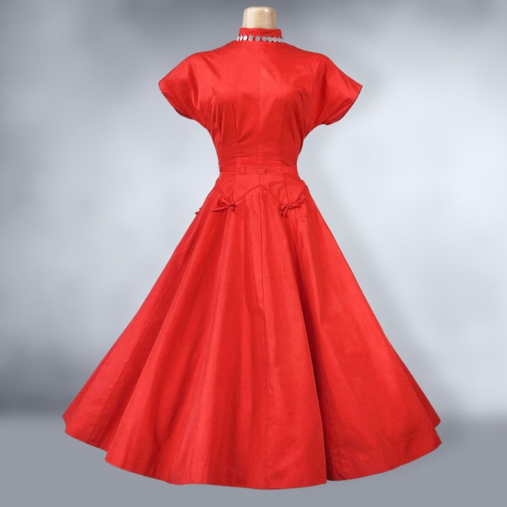 VINTAGE 50s Vibrant Red Full Sweep New Look Party Dress with Mother of Pearl VFG - Picture 2 of 11